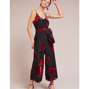 Anthropologie Black and Red Velvet Floral Jumpsuit